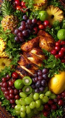 Festive food platter with sliced chicken, grapes, kiwi, pineapple, and other vibrant fruits arranged atop a bed of leafy greens, creating a colorful display