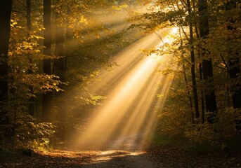Obraz premium Golden sunbeams pierce through lush forest canopy creating a magical atmosphere