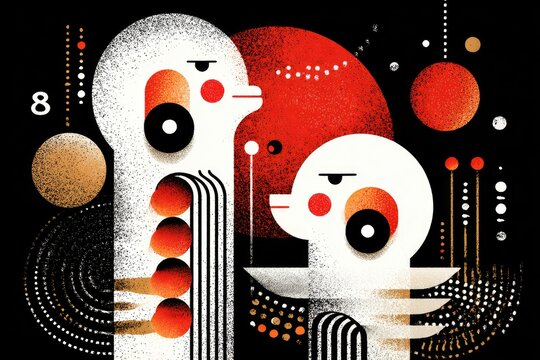 Two stylized figures, white with red and orange accents, interact against a black background dotted with circles and lines