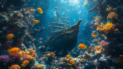Sunken ship in a vibrant coral reef, with schools of colorful fish swimming by, mysterious, magical, high detail