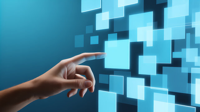 Human finger touching glowing blue digital interface squares technology concept - Powered by Adobe