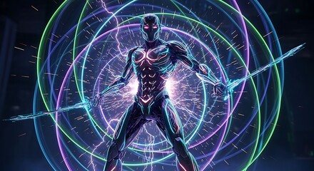 Futuristic warrior with glowing armor wielding energy blades concept art