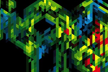 Abstract geometric pattern of interlocking triangles and squares in vibrant green, yellow, blue, and red on a black background