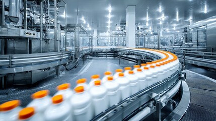automated beverage production line orange bottles factory conveyor belt industrial manufacturing process