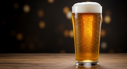 A frosty glass of amber liquid with a creamy foam top, set against a blurred light backdrop