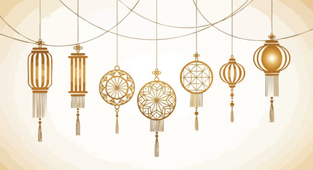Elegant golden lanterns hanging creating festive Asian atmosphere, ideal for celebrating culture and traditions