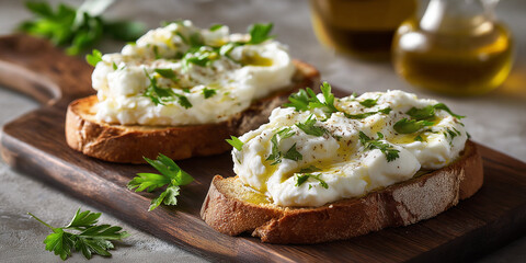 Baccala Mantecato, creamy whipped salt cod spread served on rustic toasted bread slices, garnished with fresh parsley and drizzle of extra virgin olive oil