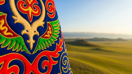 Intricate ornament against wide landscape with rolling hills creating cultural tapestry. Detailed patterns create ornamental design with vibrant colors and striking contrasts,