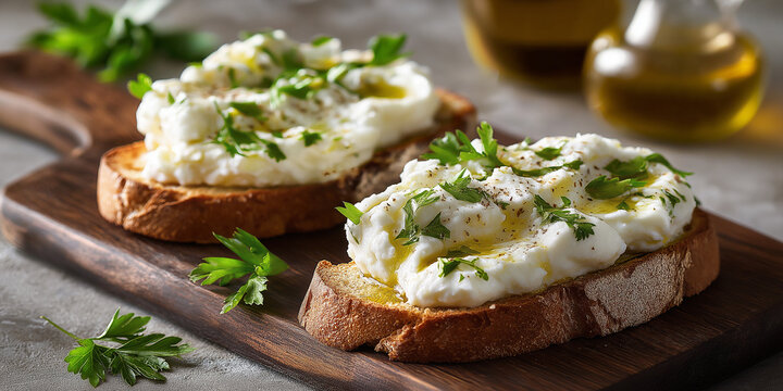 Baccala Mantecato, creamy whipped salt cod spread served on rustic toasted bread slices, garnished with fresh parsley and drizzle of extra virgin olive oil