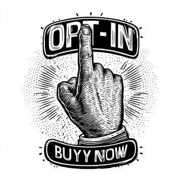 Hand pointing at "OPT-IN" banner with "BUY NOW" below