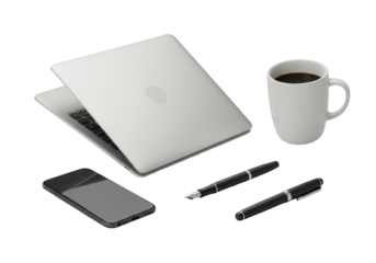 Sleek silver ultrabook, black smartphone, white mug, and matte pen artfully floating on seamless transparent, studio shot, high-end office essentials concept.