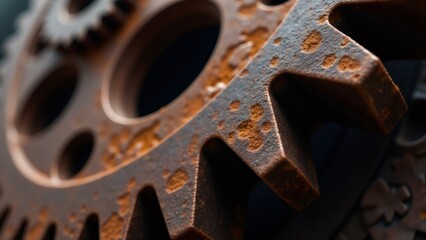 Rusty gear with a focus on the corroded surface, dark background.