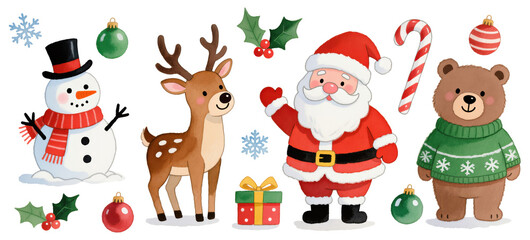 Christmas watercolor set with Santa, snowman, reindeer, bear, gifts, and decorations, isolated on transparent background. Cute festive collection.