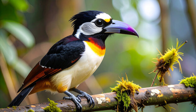 Colorful broadbill perched on branch in lush rainforest environment