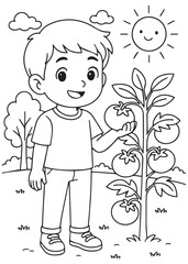 coloring book boy reaching up to pick a ripe tomato from a tall vine, smiling at his garden success.