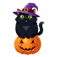 A cute black cat with green eyes sits atop a carved orange pumpkin, wearing a purple witch hat, isolated on white background halloween illustration