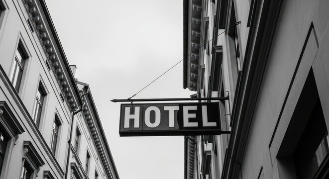 Vintage hotel sign among urban architecture in black and white - Powered by Adobe