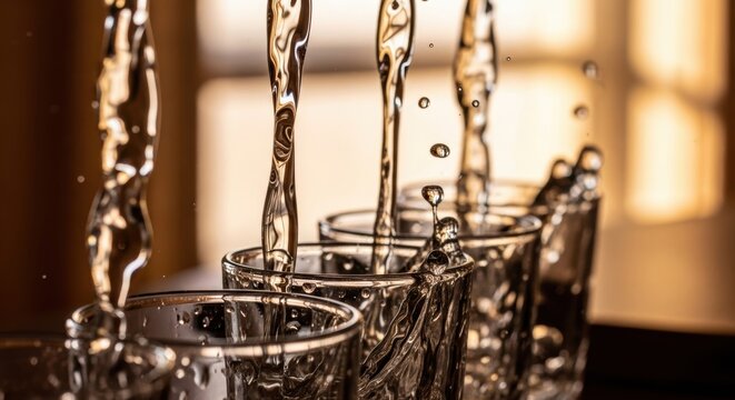 Streams of water filling multiple glasses in warm lighting