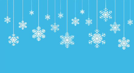 Elegant winter holidays background with hanging snowflakes on vibrant blue for Christmas designs and winter celebrations