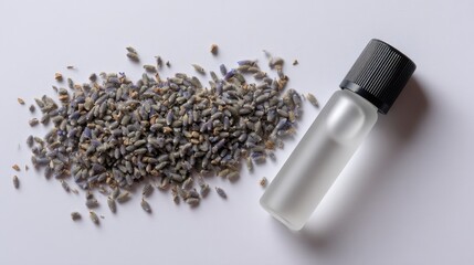 Elegant topdown shot of frosted lavender oil bottle surrounded by dried lavender buds on a white surface with soft lighting and ample copy space for branding or text
