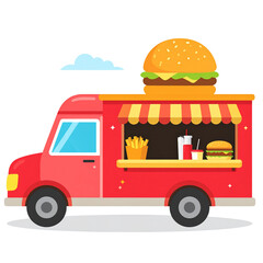 Untitled design - Red and yellow food truck with a hamburger on top and sparkling stars on a white background vehicle transportation vector EPS file download