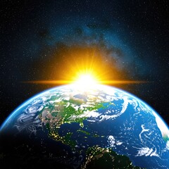 Obraz premium Earthrise Sunrise over North America from Space planet stars galaxy milky way usa canada mexico caribbean atlantic ocean pacific ocean