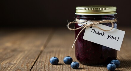 A jar of homemade berry jam with a twine-tied "Thank you!" tag on a rustic wooden table with fresh blueberries.