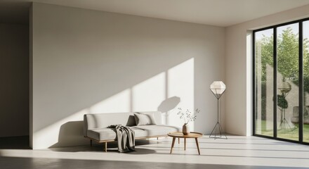 Sunlit minimalist living room with grey sofa, wooden coffee table, and large glass doors opening to a garden.