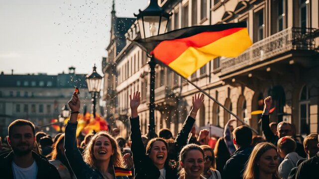 Cheerful crowd waving German flag, expressing patriotic enthusiasm at an outdoor event. German flag, a symbol of national pride, connects people.