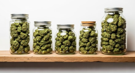 Five glass jars filled with cannabis buds of varying sizes, arranged on a wooden shelf against a white background.