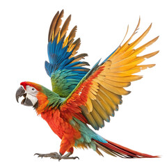 Obraz premium Vibrant blue and gold macaw parrot in graceful flight, showcasing majestic wings and tropical beauty. 