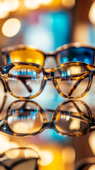 Stylish eyeglasses on display in a bright optics store. Reflection on glass surface enhances the vibrant background.