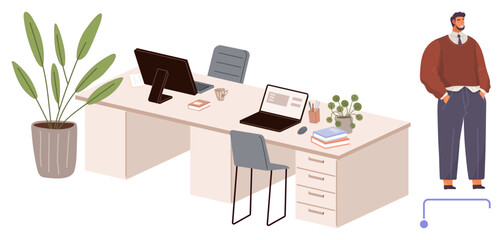 Office desks with laptops, books, coffee mug, and plants arranged neatly. A person stands in business attire, conveying workplace professionalism. Ideal for workspaces, productivity, organization