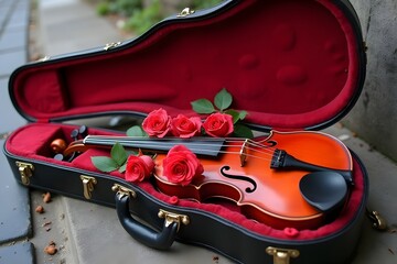 Obraz premium A street violin case filled with roses instead of coins. 