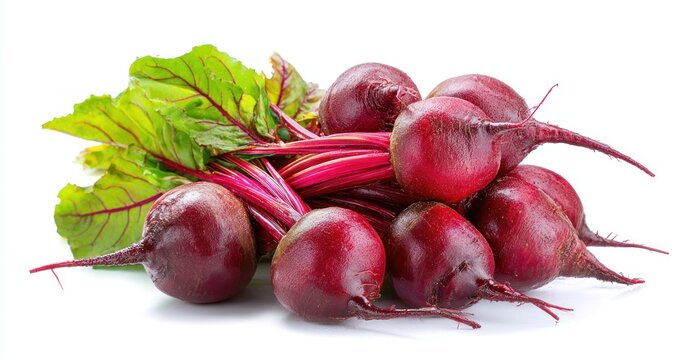 A heap of ruby-red beets with vibrant green and red veined leaves against a plain white background, casting faint shadows
