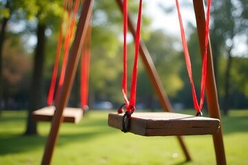 A park swing set decorated with red ribbons swaying in the breeze.