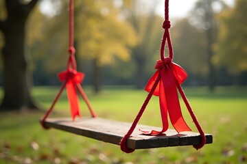 A park swing set decorated with red ribbons swaying in the breeze.