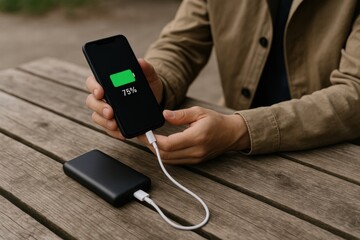 A Young Person Charging Their Smartphone With A Power Bank While Sitting at a Wooden Table Outdoors, Indicating a Battery Level of 78%