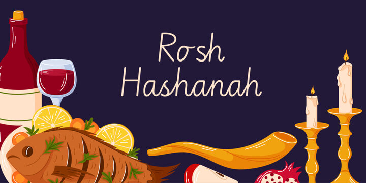 Rosh Hashanah holiday greeting banner with festive message. Traditional Jewish holiday symbol shofar, fish, kiddush wine bottle and glass, candle, fruit on purple background in cartoon.