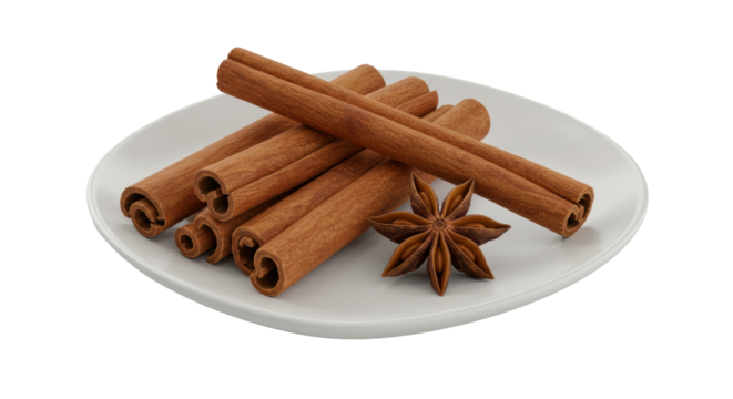 Aromatic cinnamon quills, gleaming star anise on transparent ceramic plate, transparent background, high-key studio light, sharp 45-degree commercial still life, aromatic cleanliness concept