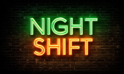 Obraz premium Urban Glow - Night Shift Neon Sign in Vibrant Green and Orange on a Brick Facade.