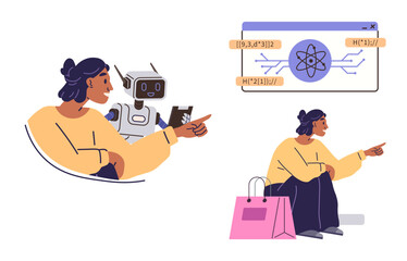 Woman pointing while a robot interacts and a science-themed interface appears. Shopping bags nearby. Ideal for technology, AI, education, innovation, research, future, simple flat metaphor