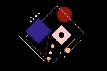 Abstract geometric design with overlapping squares, circles, and lines on a black background