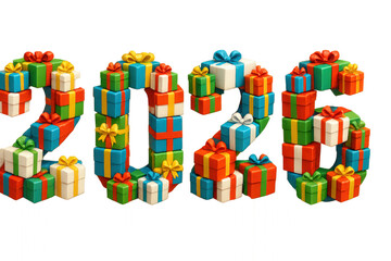Colorful 2025 Shaped Gift Boxes in Various Patterns with Ribbons and Decorations, Ideal for Celebrations and Special Occasions in a Festive Atmosphere isolated on white or transparent png