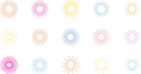 Line firecrackers. Colorful radial firework linear sun icons, circular fireworks starburst explosion with sparkles. Decoration, celebration design. Vintage sunburst set. Bursting rays. Simple vector