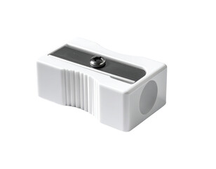 White plastic pencil sharpener, rectangular shape, with a metal blade