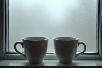 Obraz premium Two coffee cups placed side by side on a foggy window ledge. 