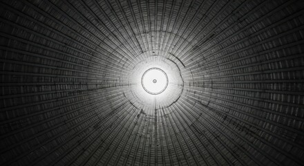 Symmetrical view inside a cylindrical structure with radiating lines and circular light source