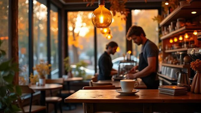 A warm and inviting cafe scene showcasing a barista crafting detailed latte art under soft glowing lamps near large crystal-clear windows with autumn leaves visible outside.
