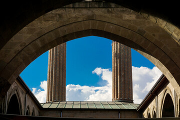 13 July 2025 Erzurum Turkey. Double Minaret Madrasah and Museum in Erzurum Turkey with artchitectural details and old artifacts museum